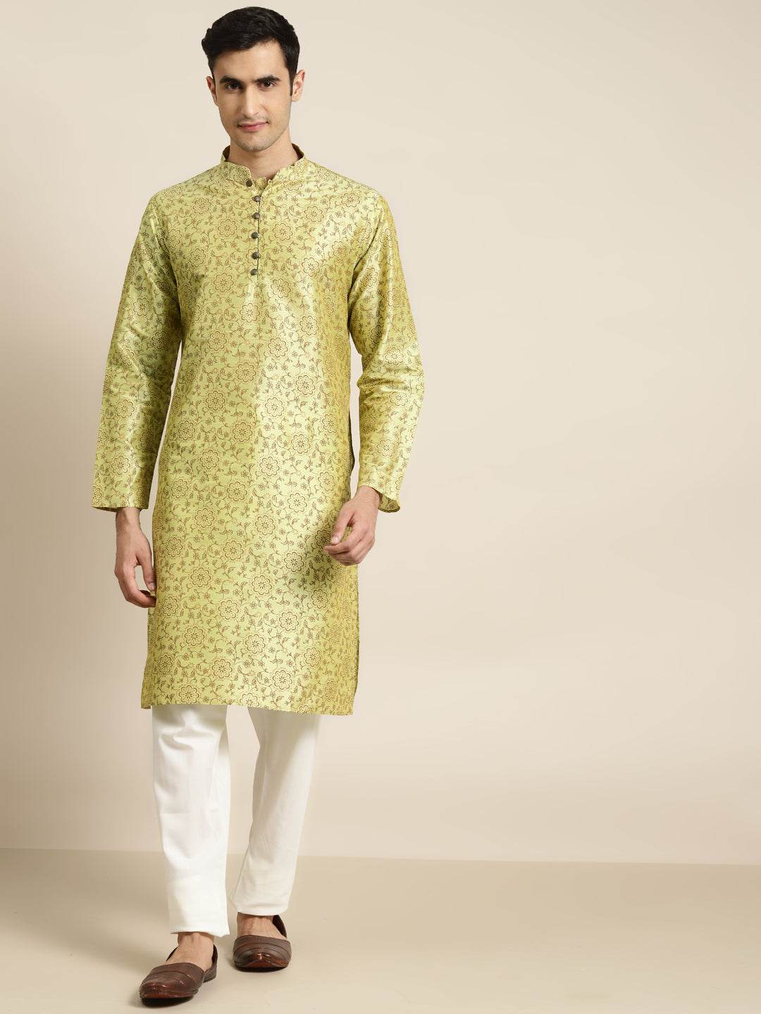 Men's Silk Blend Pista Green Kurta & Off White Churidar Pyjama Set - Sojanya