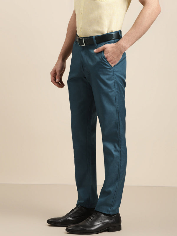 Men's Cotton Blend Teal Blue Solid Trouser - Sojanya