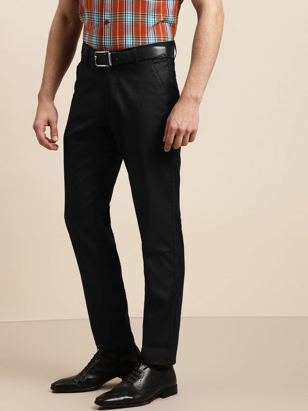 Men's Cotton Blend Black Solid Trouser - Sojanya