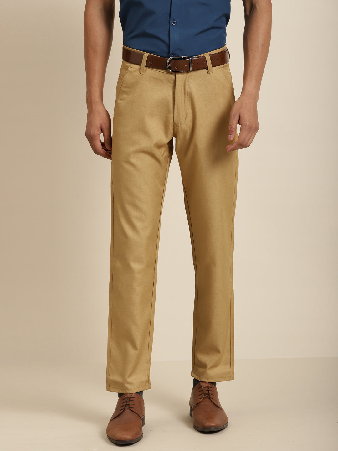 Men's Cotton Blend Mustard Solid Trouser - Sojanya