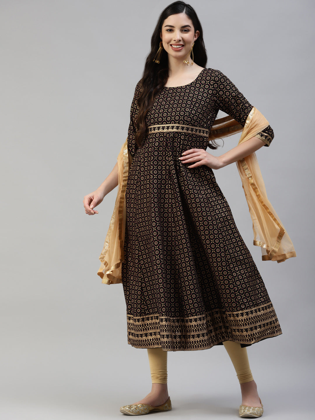 Women's Black Gold Print  Anarkali Kurta With Viscose Leggings & Net Dupatta -  Poshak Hub