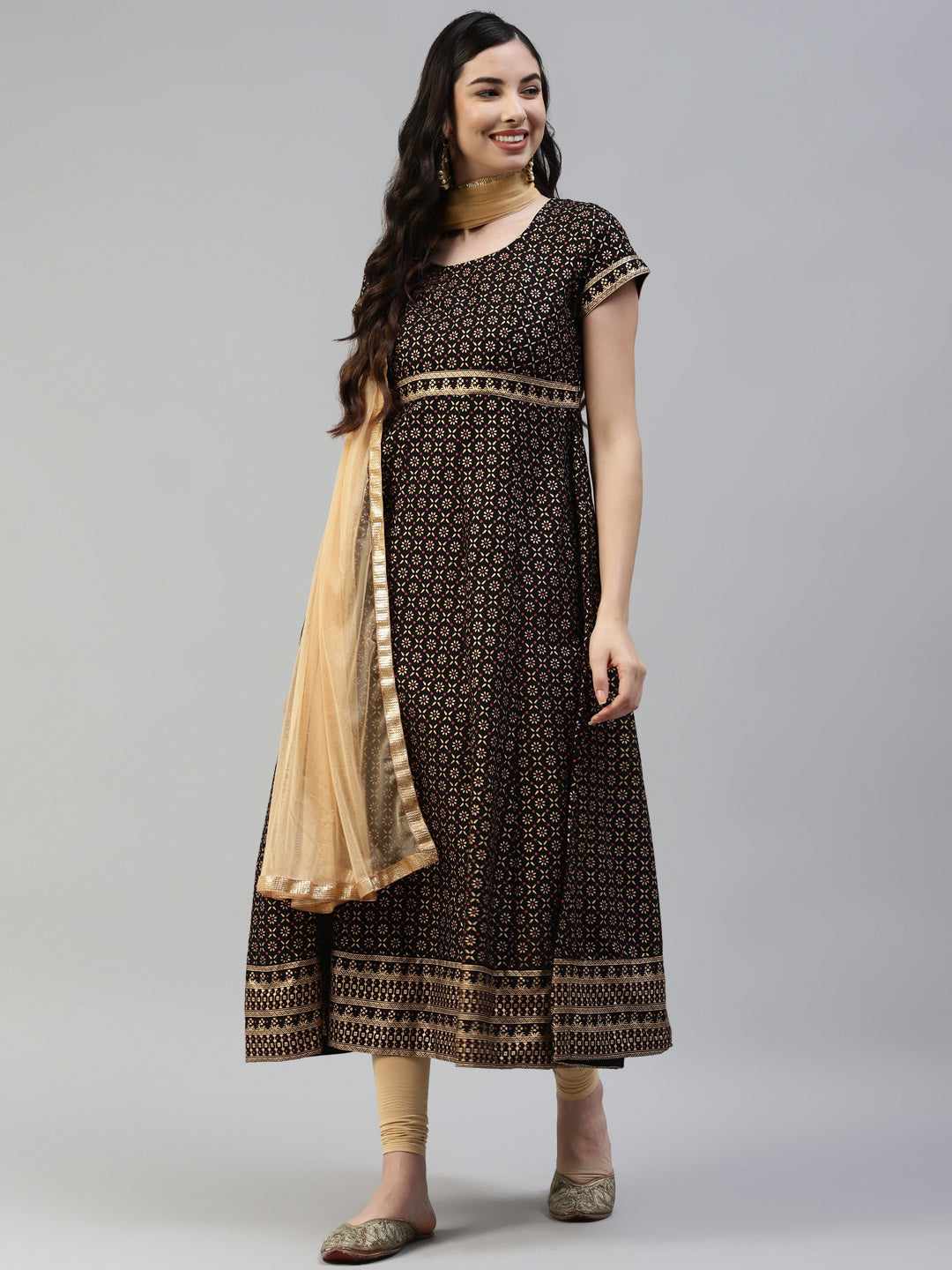 Women's Black Gold Print  Anarkali Kurta With Viscose Leggings & Net Dupatta -  Poshak Hub