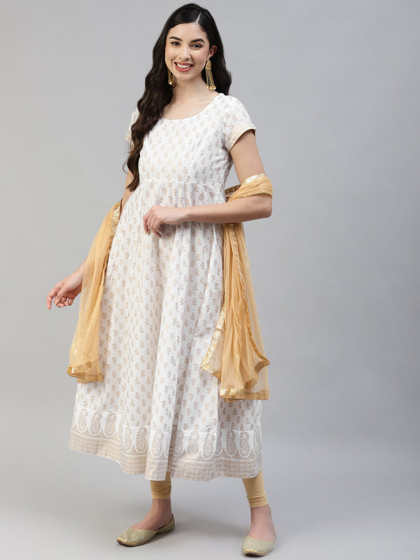 Women's White Gold Print  Anarkali Kurta With Viscose Leggings & Net Dupatta - Noz2Toz