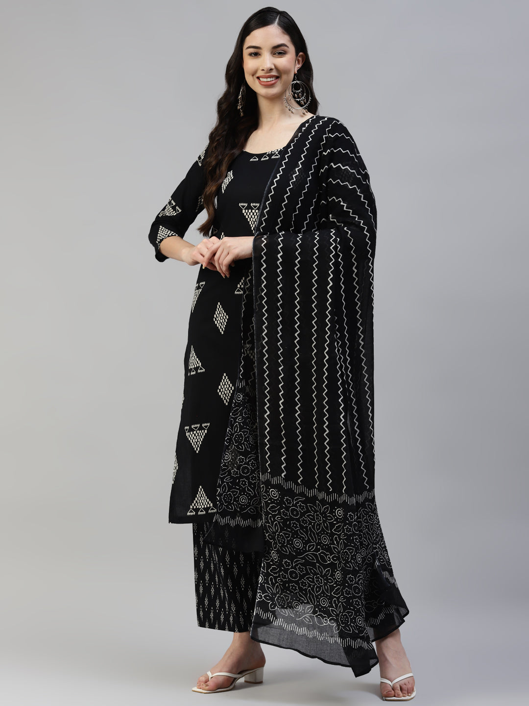 Women's Black Cotton Printed A- Line Kurta With Palazzo And  Cotton Dupatta -  Poshak Hub