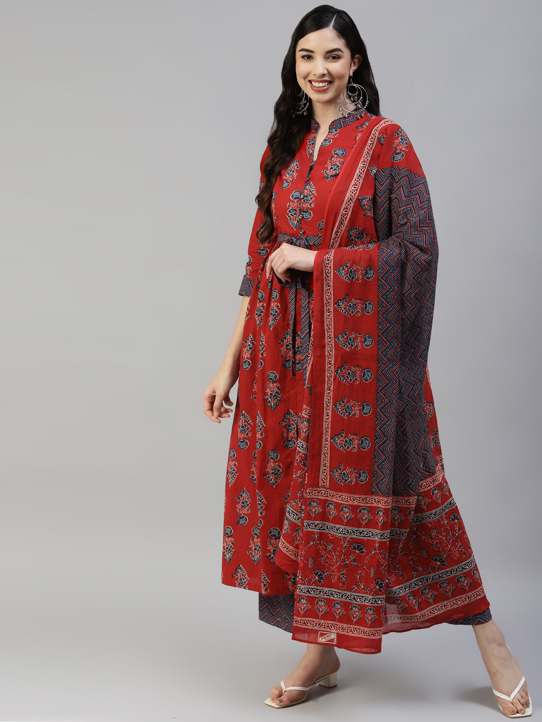 Women's Red Cotton Printed Front Slit Kurta With Palazzo And  Cotton Dupatta  -  Poshak Hub