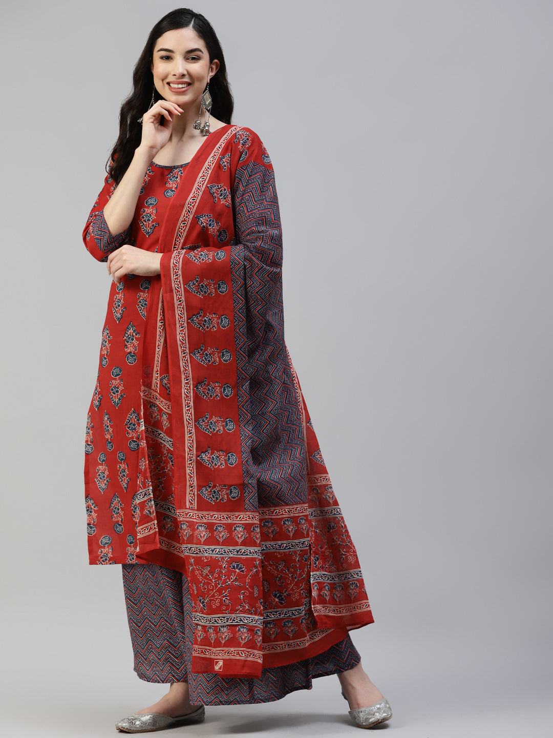 Women's Red Cotton Printed A-Line Kurta With Sharara And Cotton Dupatta -  Poshak Hub