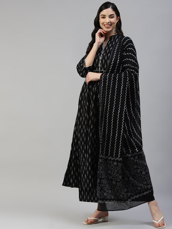 Women's Black Cotton Printed A- Line Kurta With Palazzo And  Cotton Dupatta - Noz2Toz