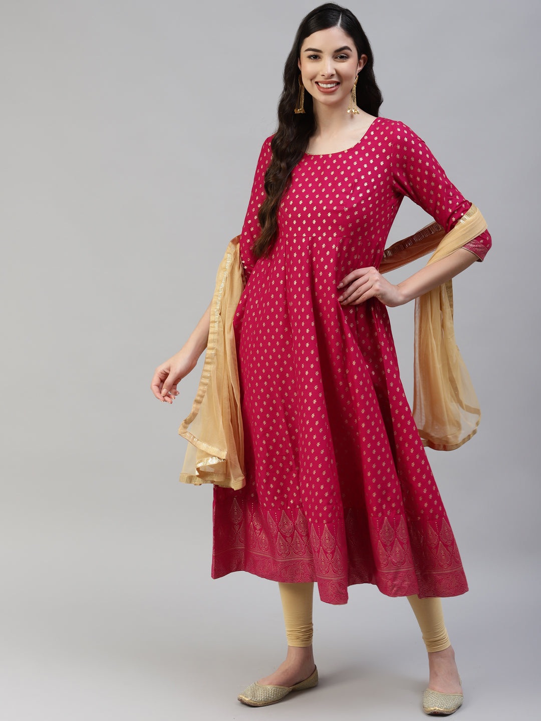 Women's Dark-Pink Gold Print  Anarkali Kurta With Viscose Leggings & Net Dupatta -  Poshak Hub