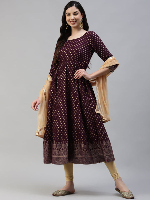 Women's Purple Gold Print  Anarkali Kurta With Viscose Leggings & Net Dupatta - Noz2Toz