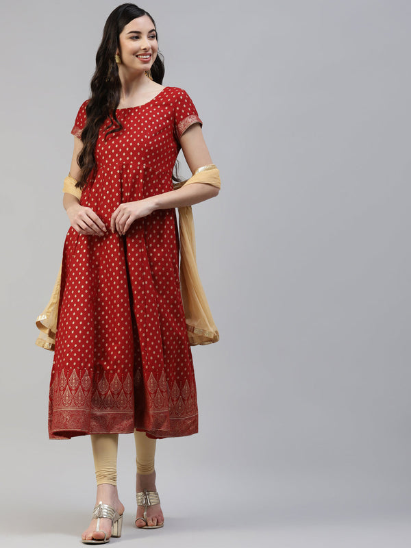 Women's Red Gold Print  Anarkali Kurta With Viscose Leggings & Net Dupatta - Noz2Toz