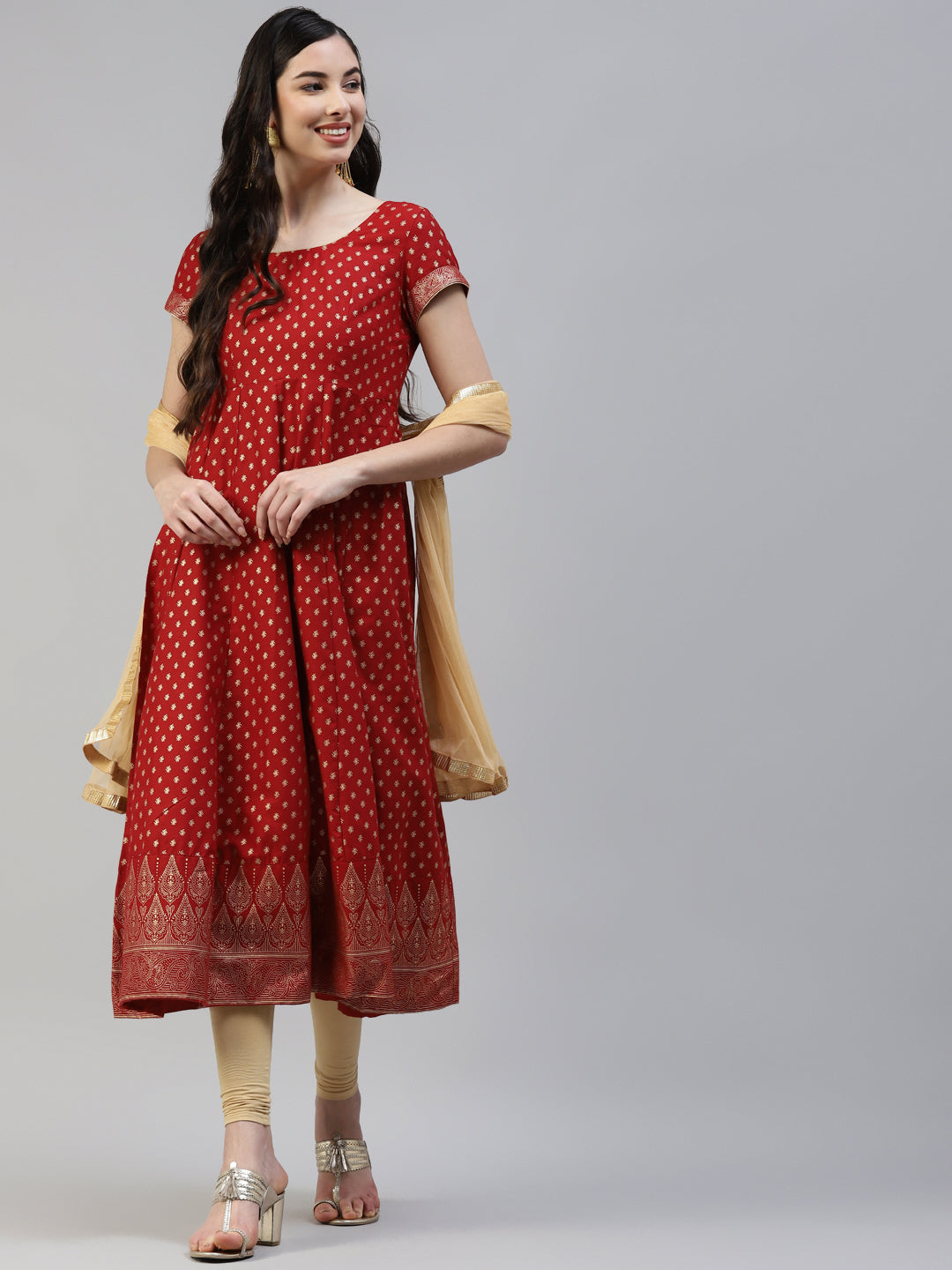 Women's Red Gold Print  Anarkali Kurta With Viscose Leggings & Net Dupatta -  Poshak Hub