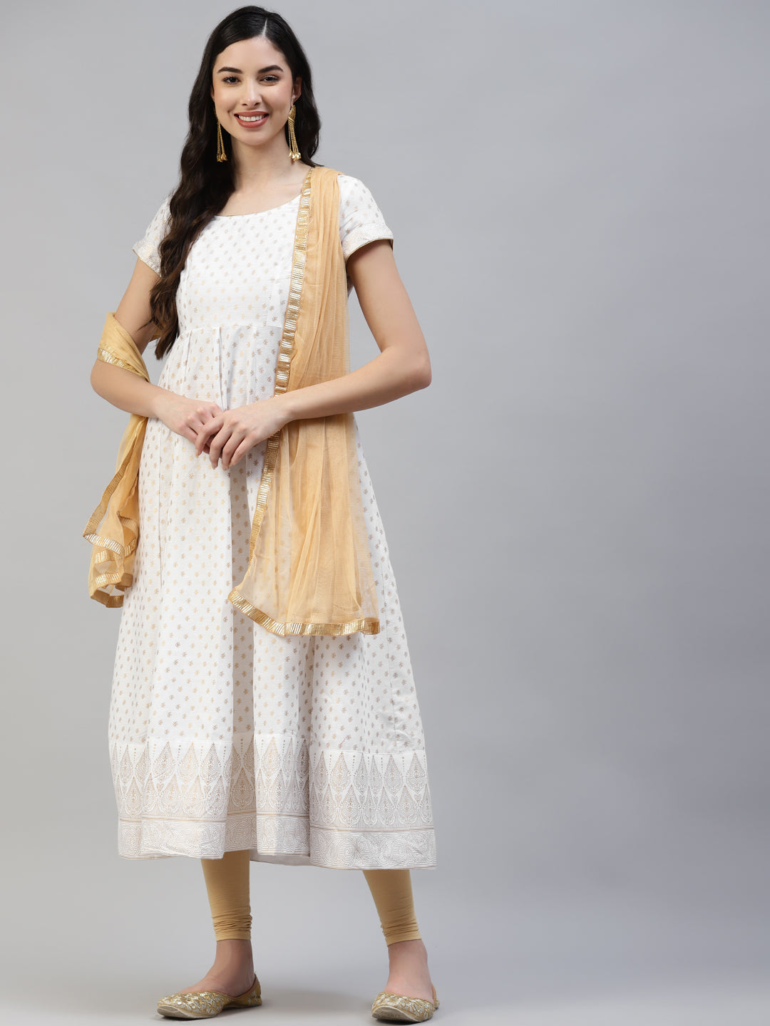 Women's White Gold Print  Anarkali Kurta With Viscose Leggings & Net Dupatta -  Poshak Hub