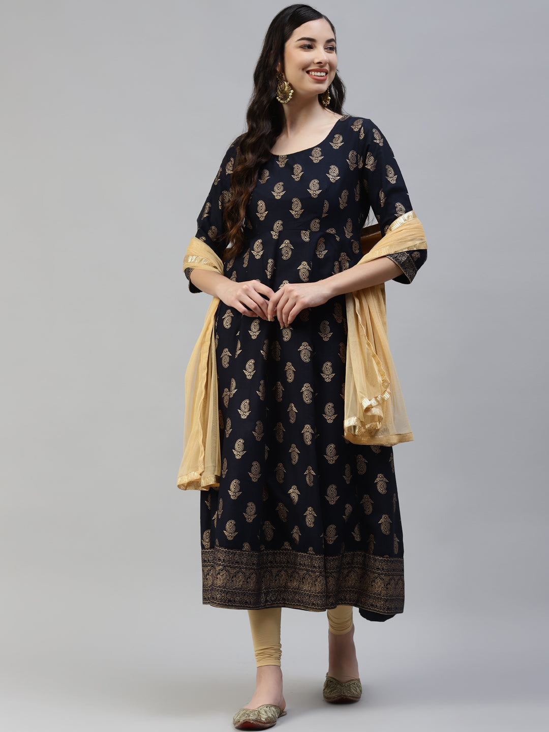 Women's Blue Gold Print  Anarkali Kurta With Viscose Leggings & Net Dupatta -  Poshak Hub