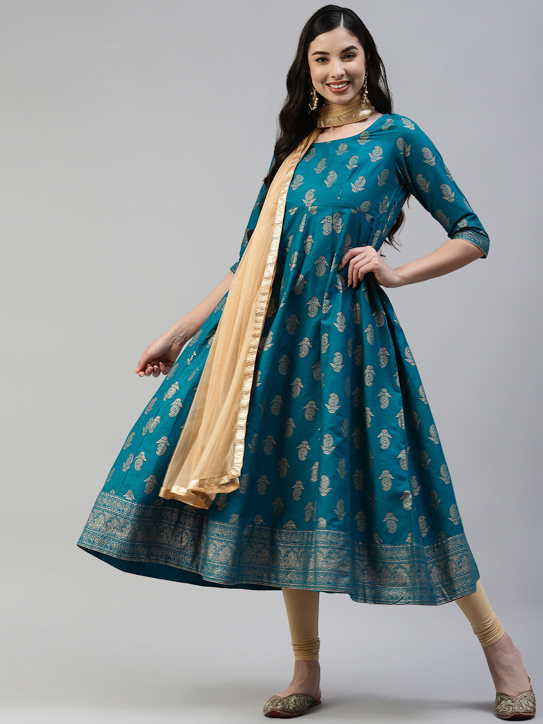 Women's Turquoise Gold Print  Anarkali Kurta With Viscose Leggings & Net Dupatta -  Poshak Hub