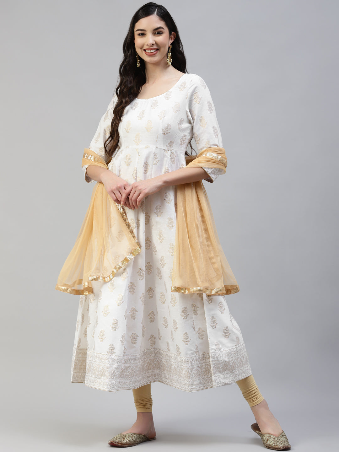 Women's White Gold Print  Anarkali Kurta With Viscose Leggings & Net Dupatta -  Poshak Hub