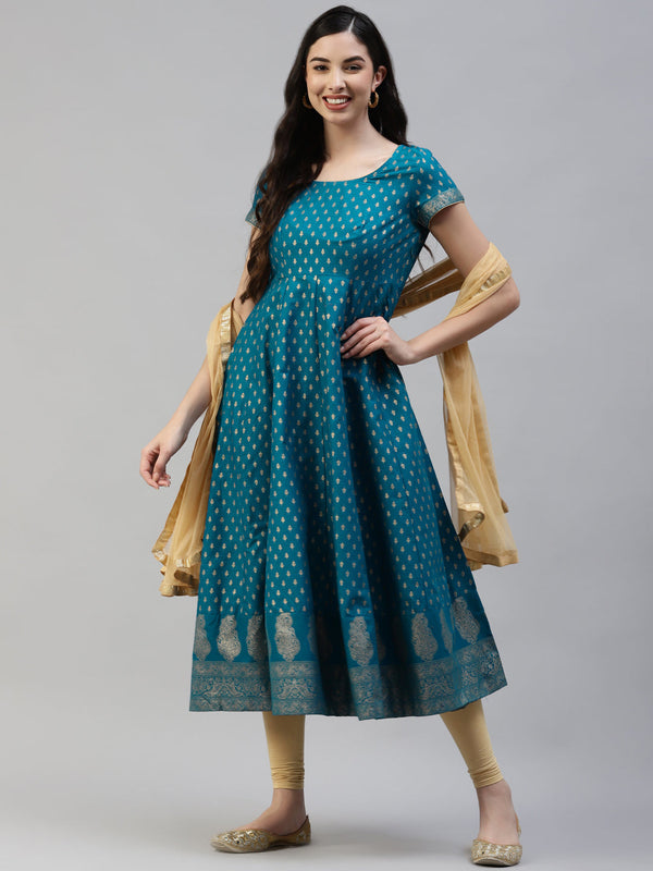 Women's Turquoise Gold Print  Anarkali Kurta With Viscose Leggings & Net Dupatta - Noz2Toz