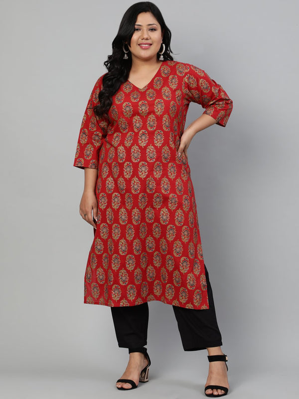 Women's Red Ethnic Motifs Printed Regular Straight Kurta - Nayo Clothing