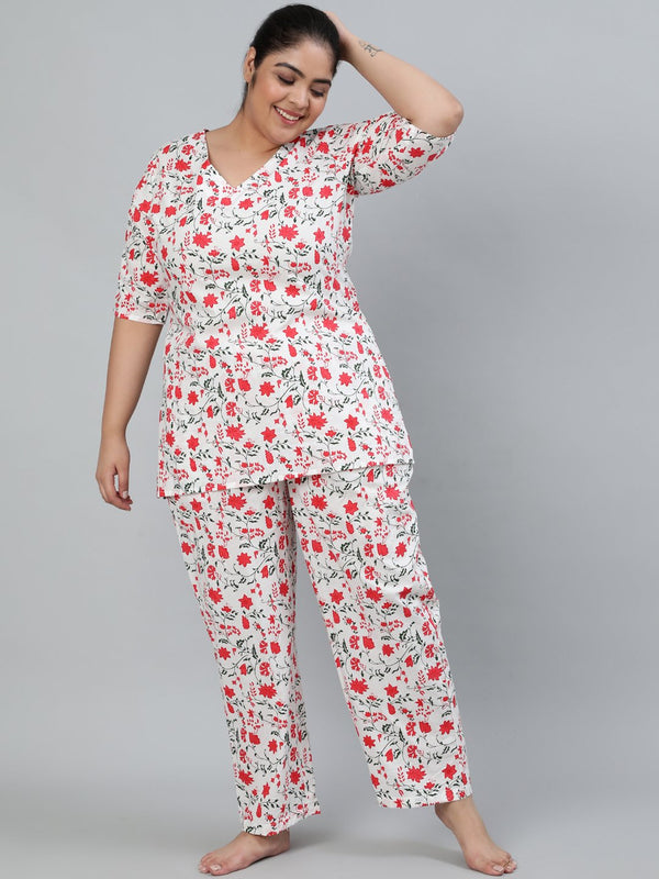 Women's Plus Size Off-White Floral Printed Night Suit With Half Sleeves - Nayo Clothing