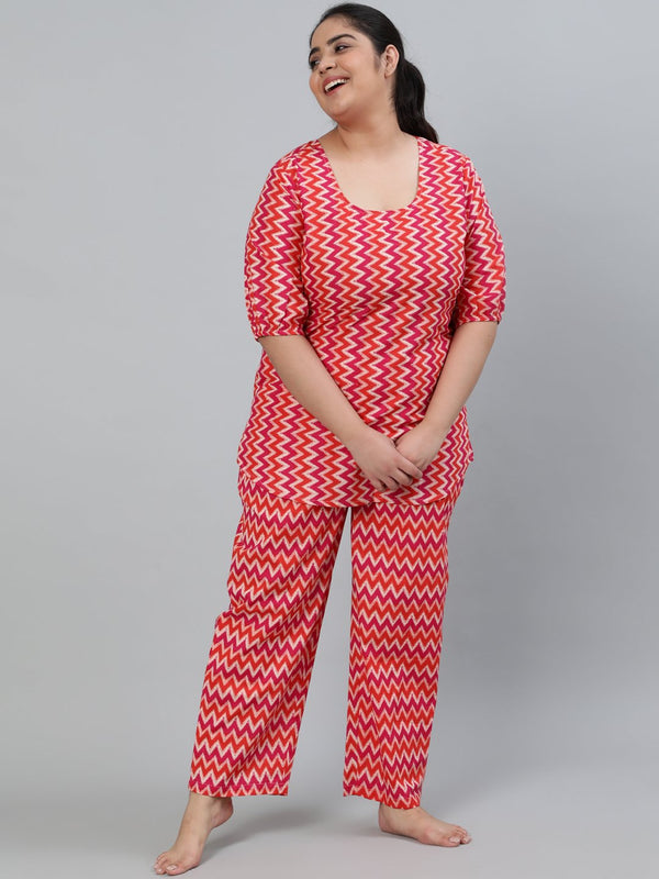 Women's Plus Size Pink Printed Night Suit With Half Sleeves - Nayo Clothing