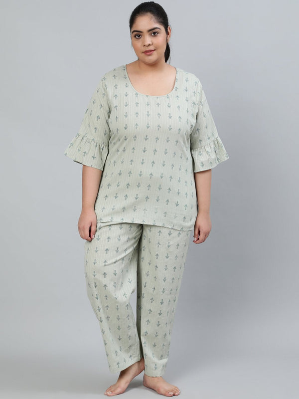 Women's Plus Size Green Printed Night Suit With Half Sleeves - Nayo Clothing