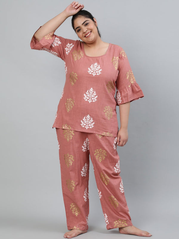 Women's Plus Size Pink Printed Night Suit With Half Sleeves - Nayo Clothing