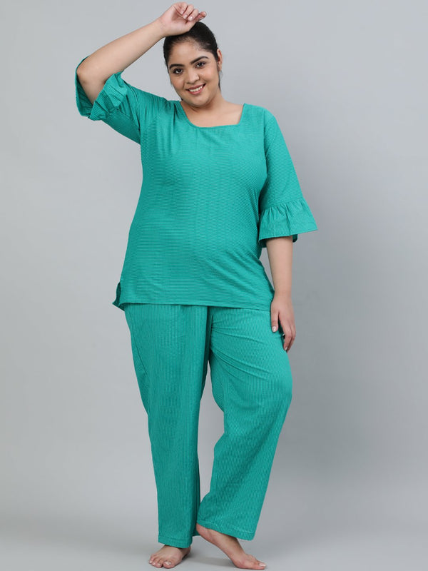 Women's Plus Size Green Printed Night Suit With Half Sleeves - Nayo Clothing