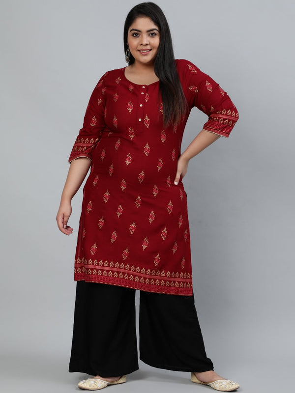 Women's Plus Size Maroon & Gold Printed Staright Kurta With Three Quarter Sleeves - Nayo Clothing