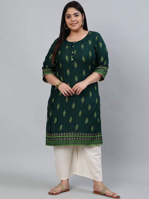 Women's Plus Size Green & Gold Printed Staright Kurta With Three Quarter Sleeves - Nayo Clothing