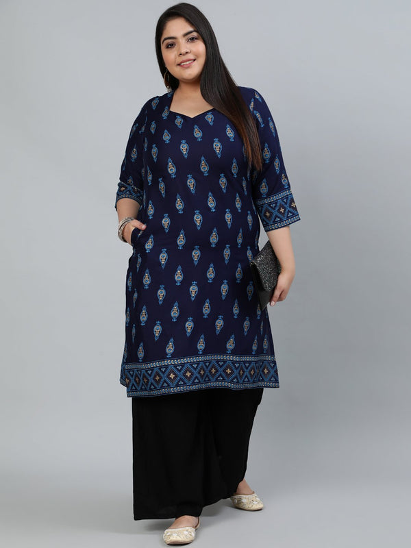 Women's Plus Size Navy Blue & Gold Printed Staright Kurta With Three Quarter Sleeves - Nayo Clothing