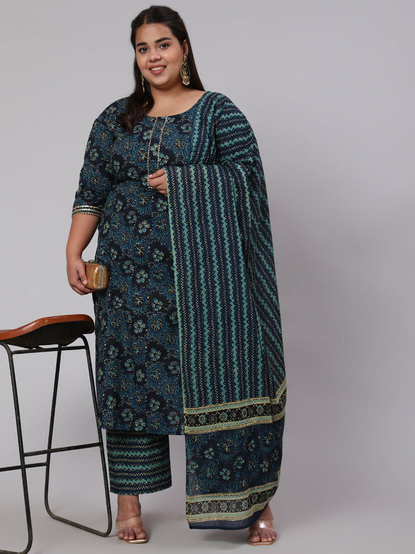 Women's Plus Size Blue floral Printed Kurta And Palazzo With Dupatta - Taantav