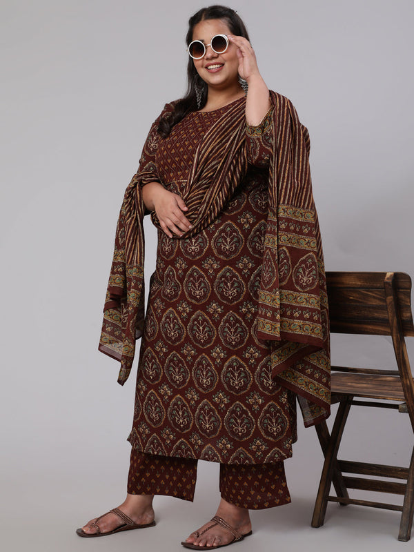 Women's Plus Size Brown Printed Pure Cotton Kurta with Trousers & Dupatta - Taantav