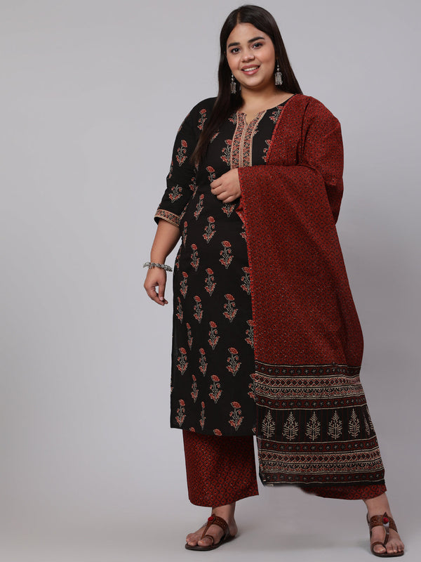 Women's Plus Size Black Printed Straight Kurta With Plazo & Dupatta - Taantav