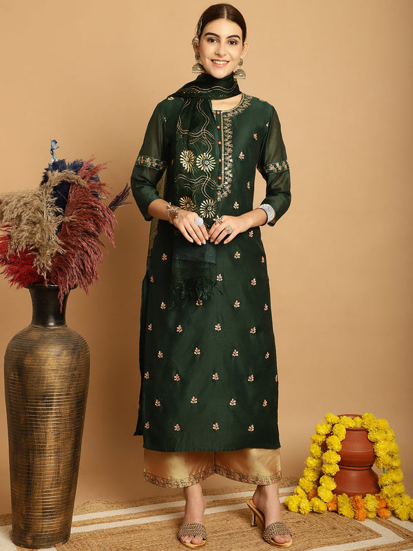 Women's Bottle Green Chanderi Palazzo Dupatta Set - Taantav