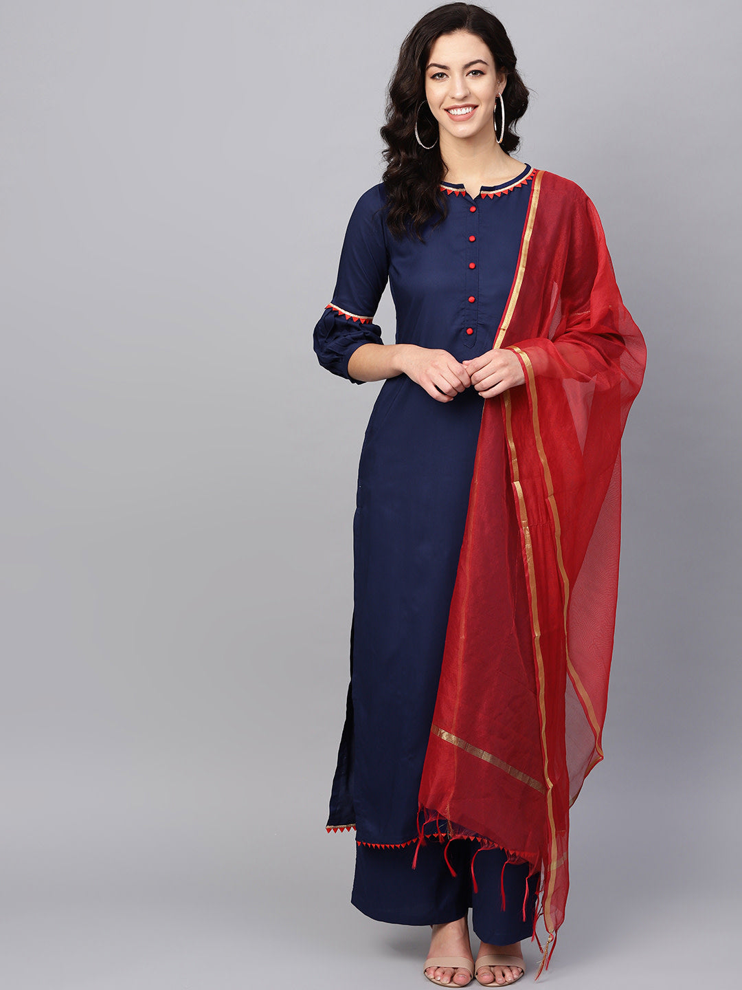 Women's Navy Blue Solid Kurta With Palazzos And Dupatta - Noz2Toz