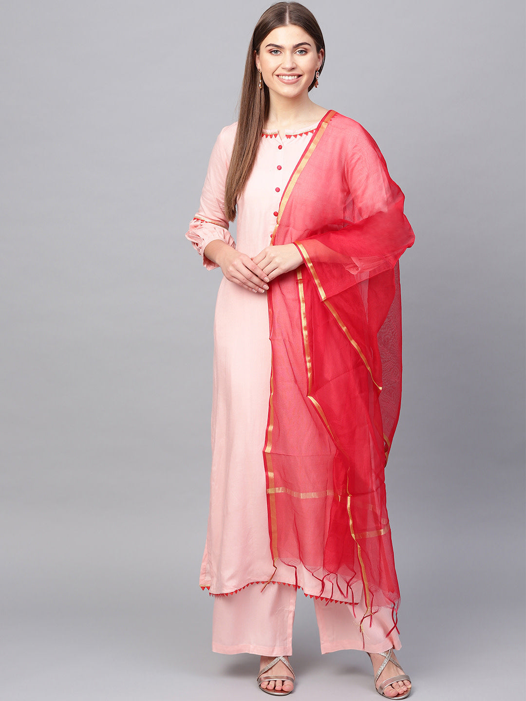 Women's Pink And Red Solid Kurta With Palazzos - Noz2Toz