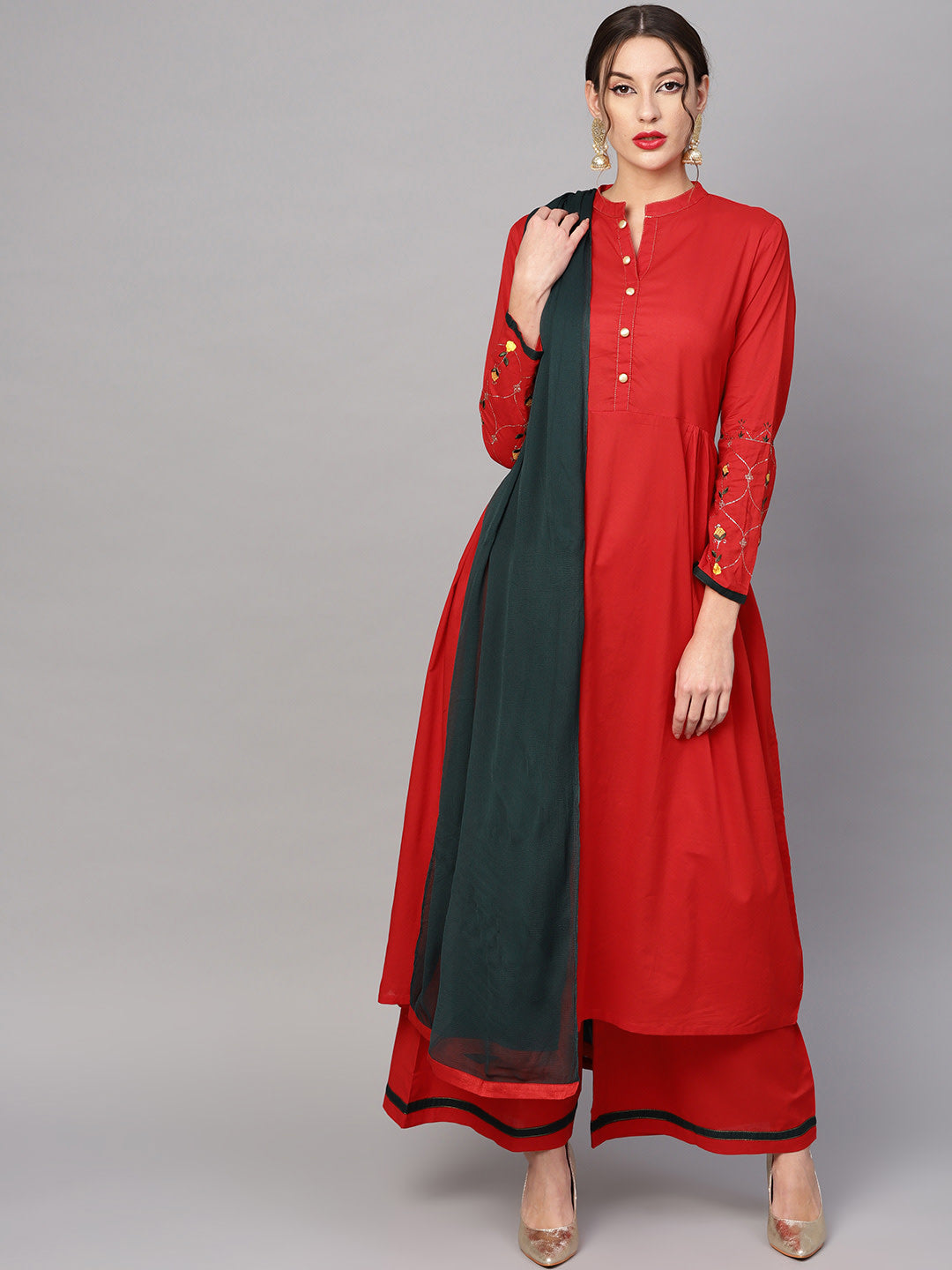 Women's Red Solid Kurta With Palazzos - Noz2Toz