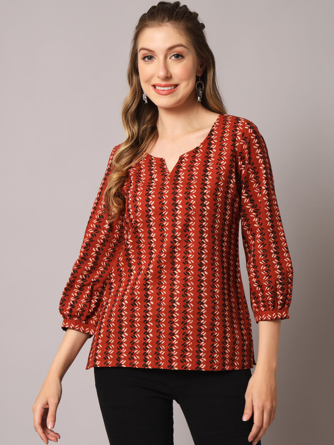 Women's Cotton Black Rust Chevron Printed Top - Deckedup