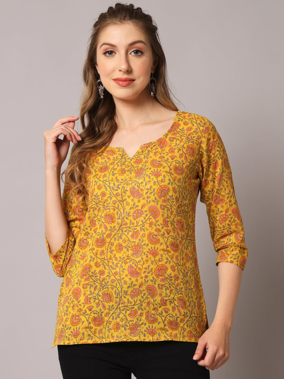 Women's Cotton Lurex Yellow Floral Printed Top - Deckedup