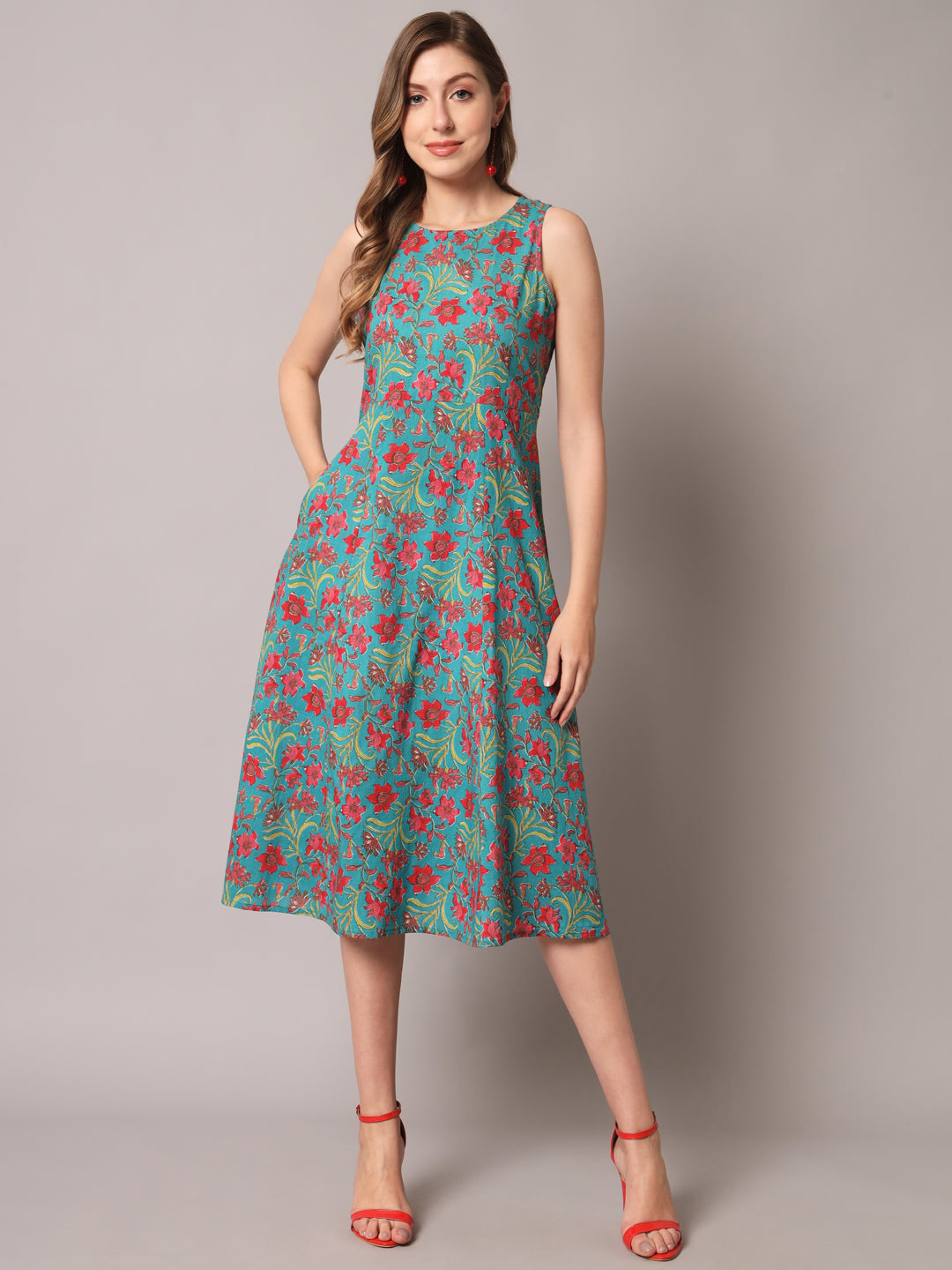 Women's Blue Tropical Printed A-Line Woven Dress - Deckedup