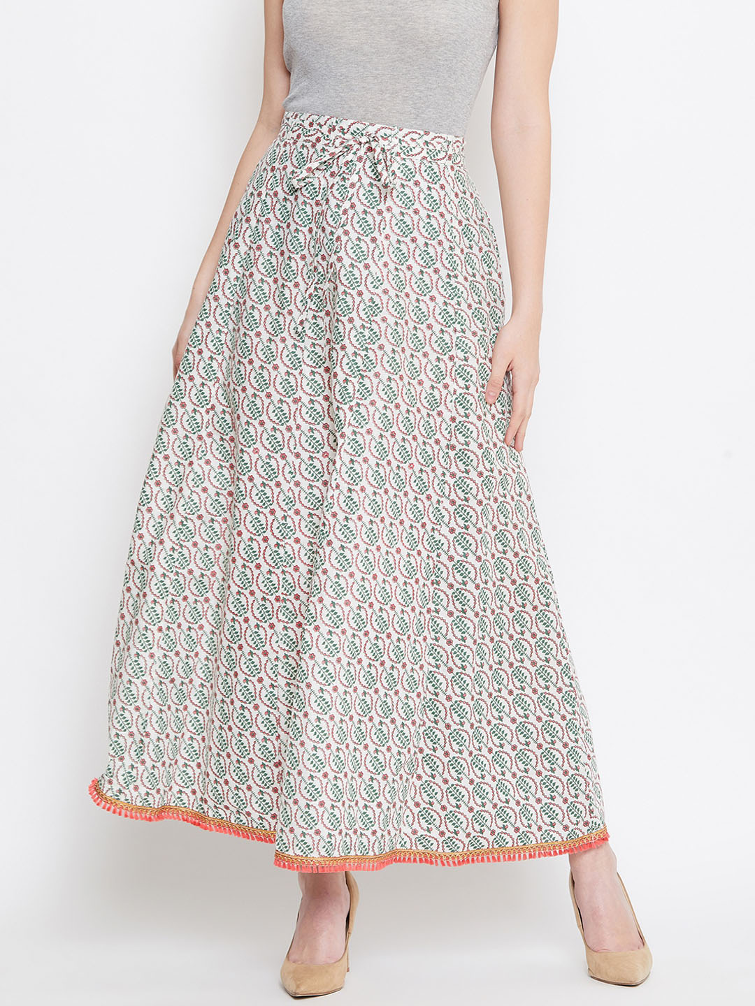 Women's Off-White Green And Pink Printed Flared Maxi Skirt - Noz2Toz