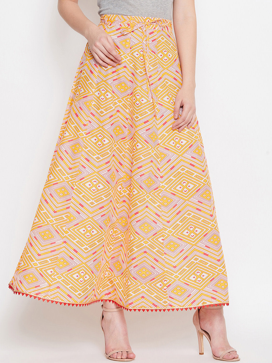 Women's Yellow And Pink Printed Flared Maxi Skirt - Noz2Toz