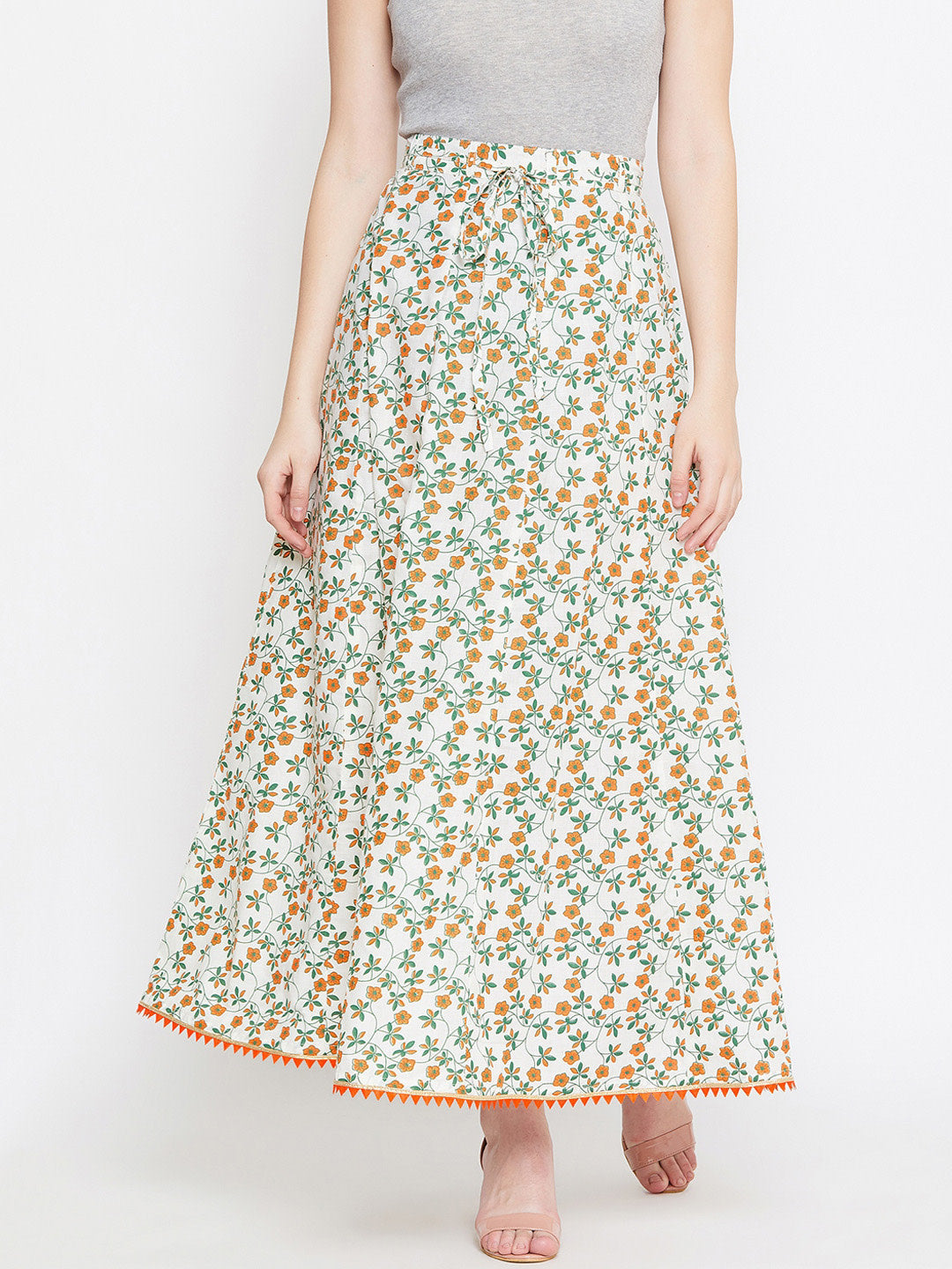 Women's Off-White Orange And Green Printed Flared Maxi Skirt - Noz2Toz