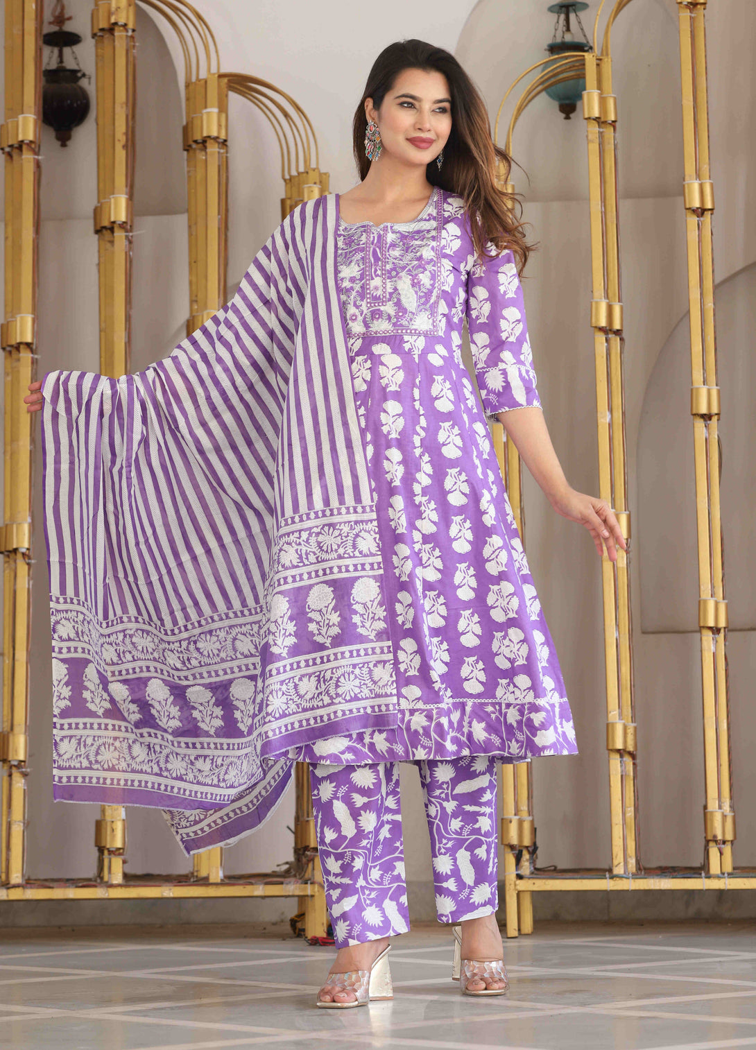 Women's Anarkali Cotton Printed Kurta With Pant And Dupatta - Singni