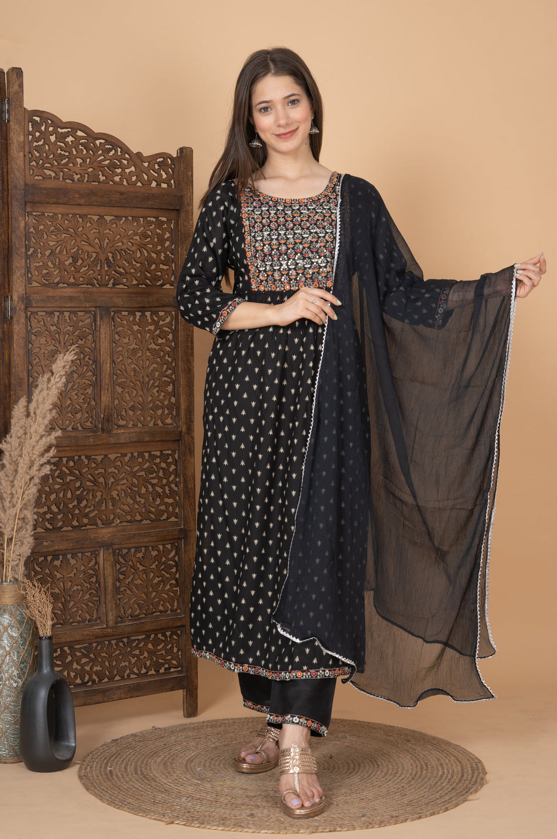 Women's Black Printed Embroidered Nayra Cut Kurta With Pant And Dupatta - Singni