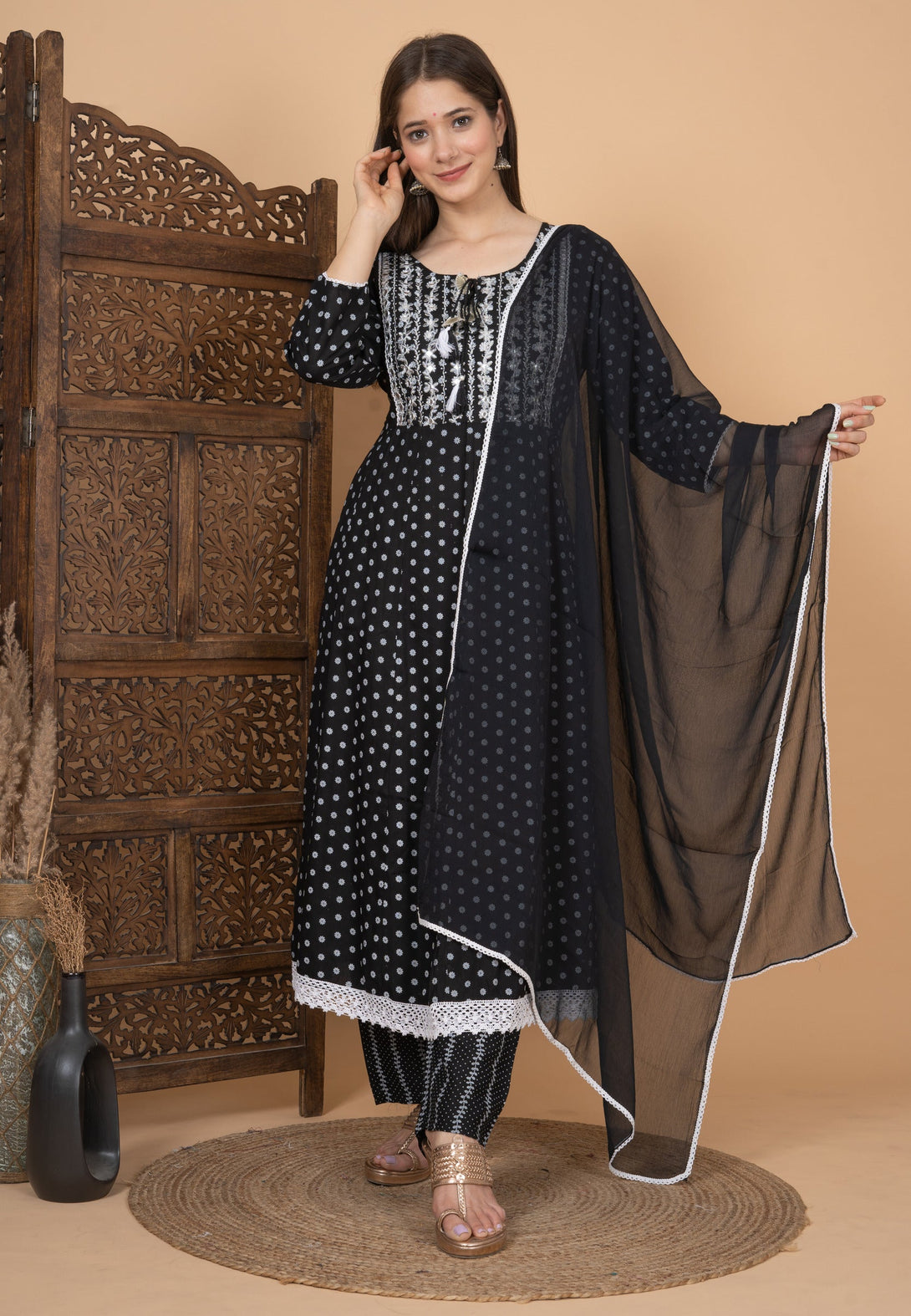 Women's Black Rayon Embroidered Printed Anarkali Kurta With Pant And Dupatta - Singni