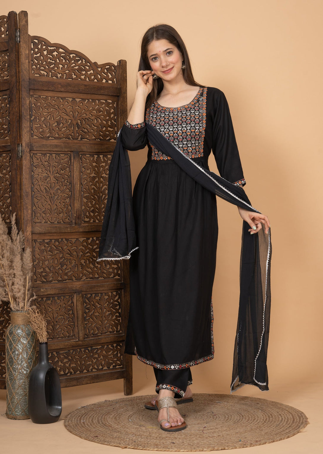 Women's Black Rayon Embroidered Nayra Cut Kurta With Pant And Dupatta - Singni