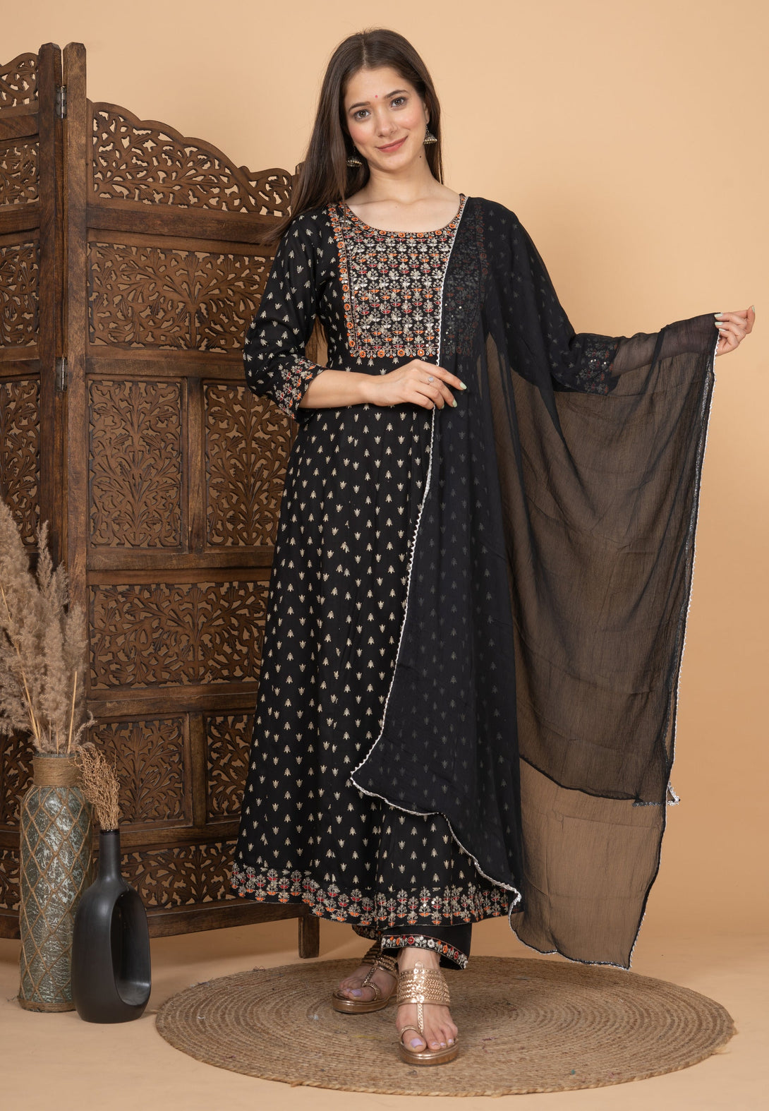 Women's Black Rayon Printed Embroidered Kurta Pant And Dupatta Set - Singni