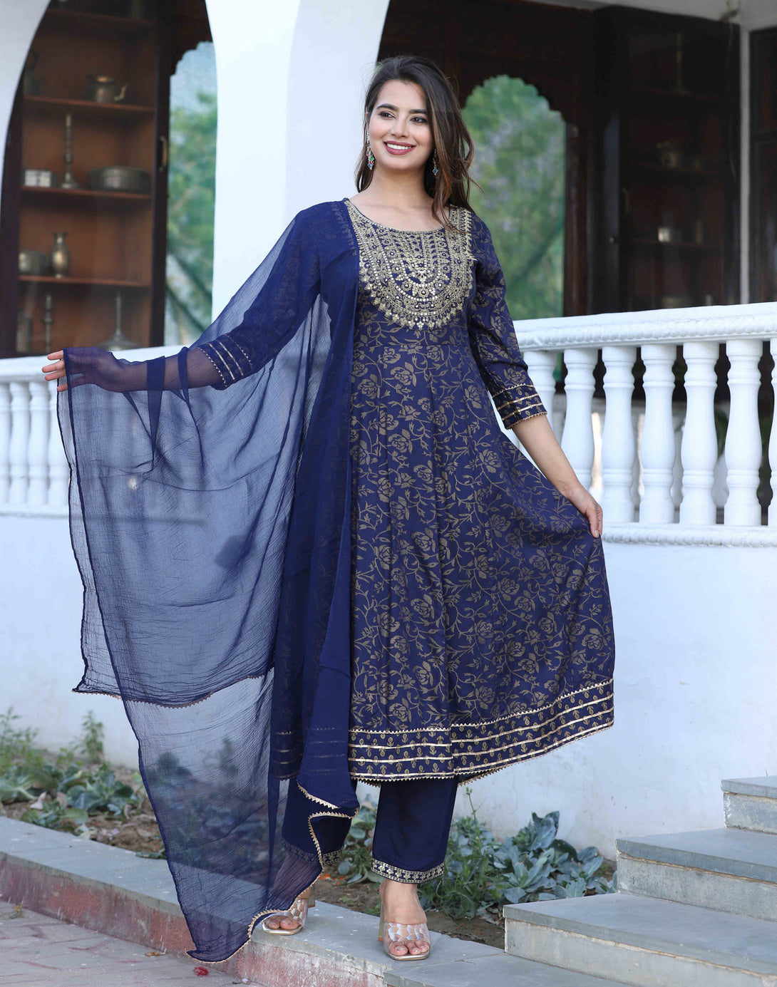 Women's Anarkali Rayon Printed Sequins Work Kurta With Pants And Dupatta - Singni