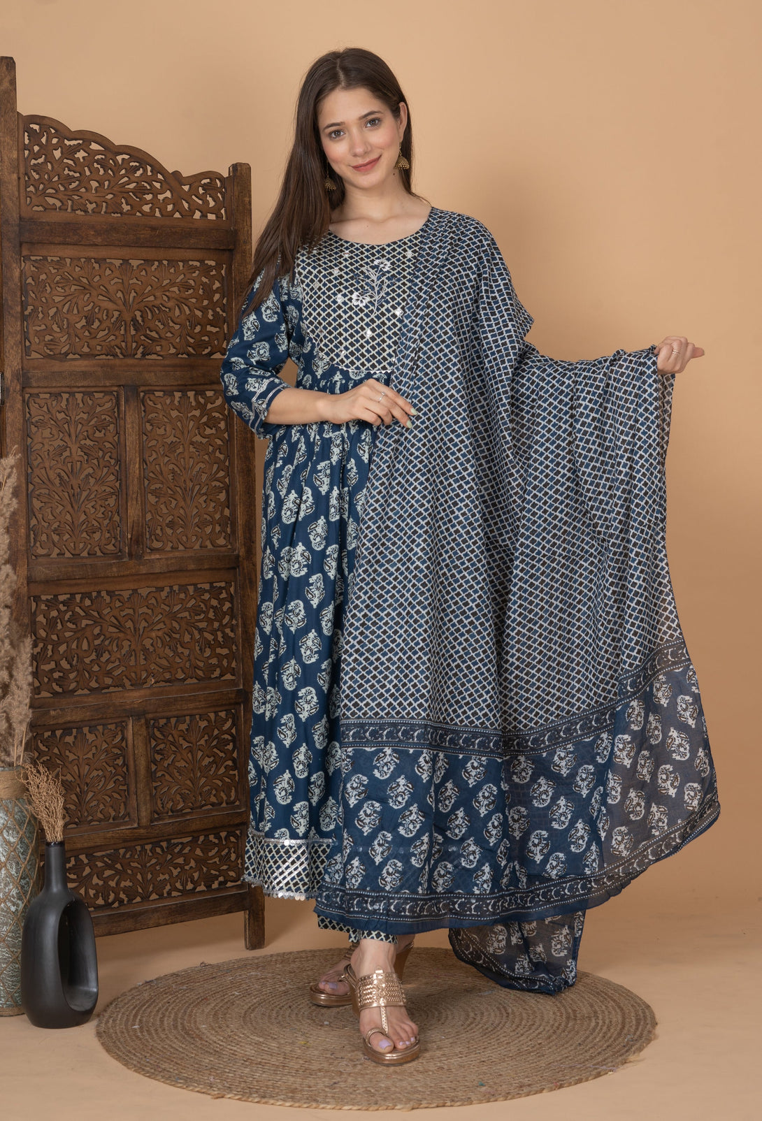 Women's Blue Cotton Anarkali Printed Kurta With Pants And Dupatta - Singni