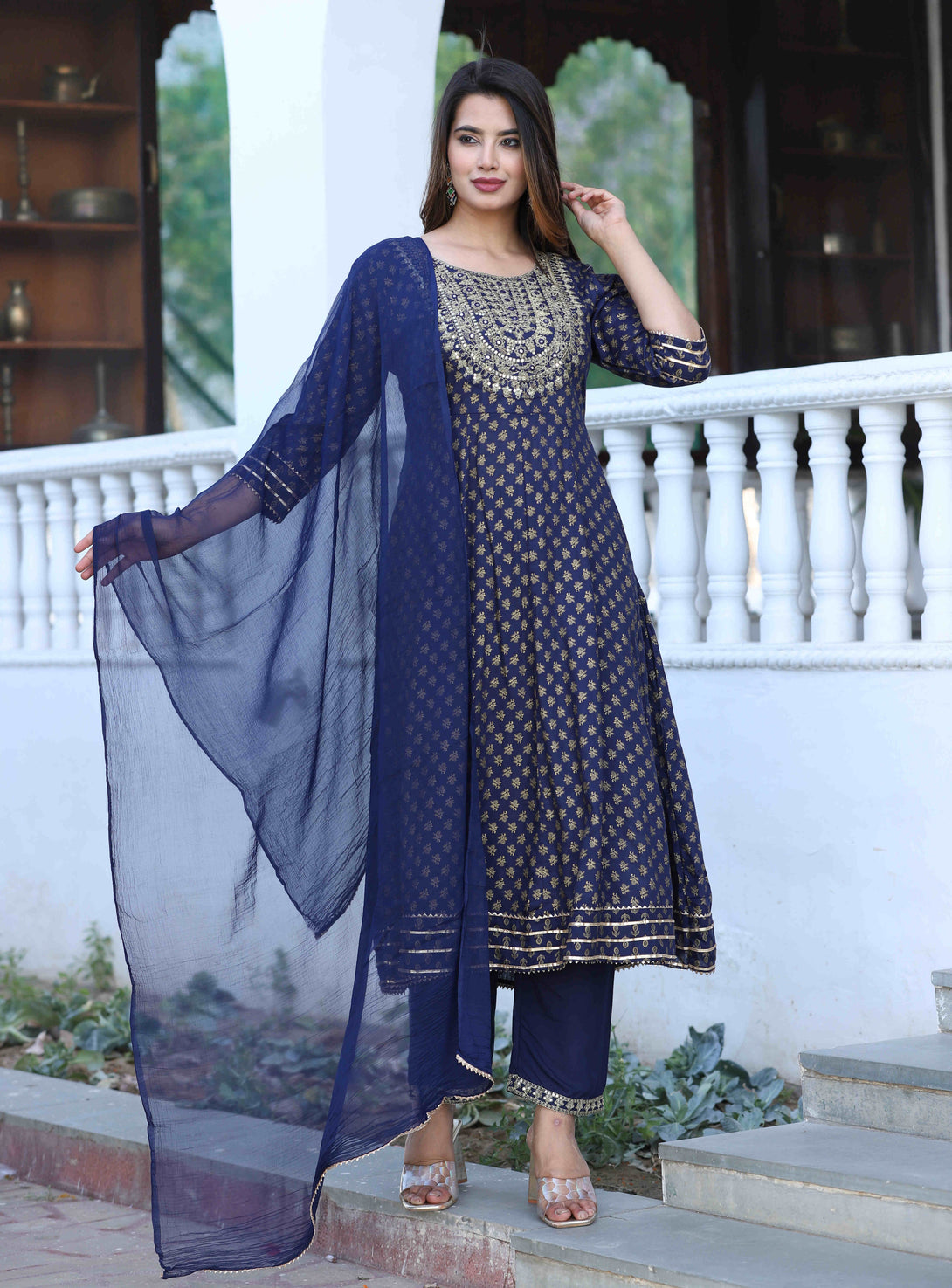 Women's Anarkali Rayon Printed Sequins Work Kurta With Pants And Dupatta - Singni